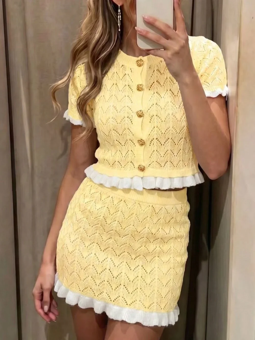 Yellow Casual Women's Knit Floral Pattern Ruffle Short Sleeve Top + Skirt Set